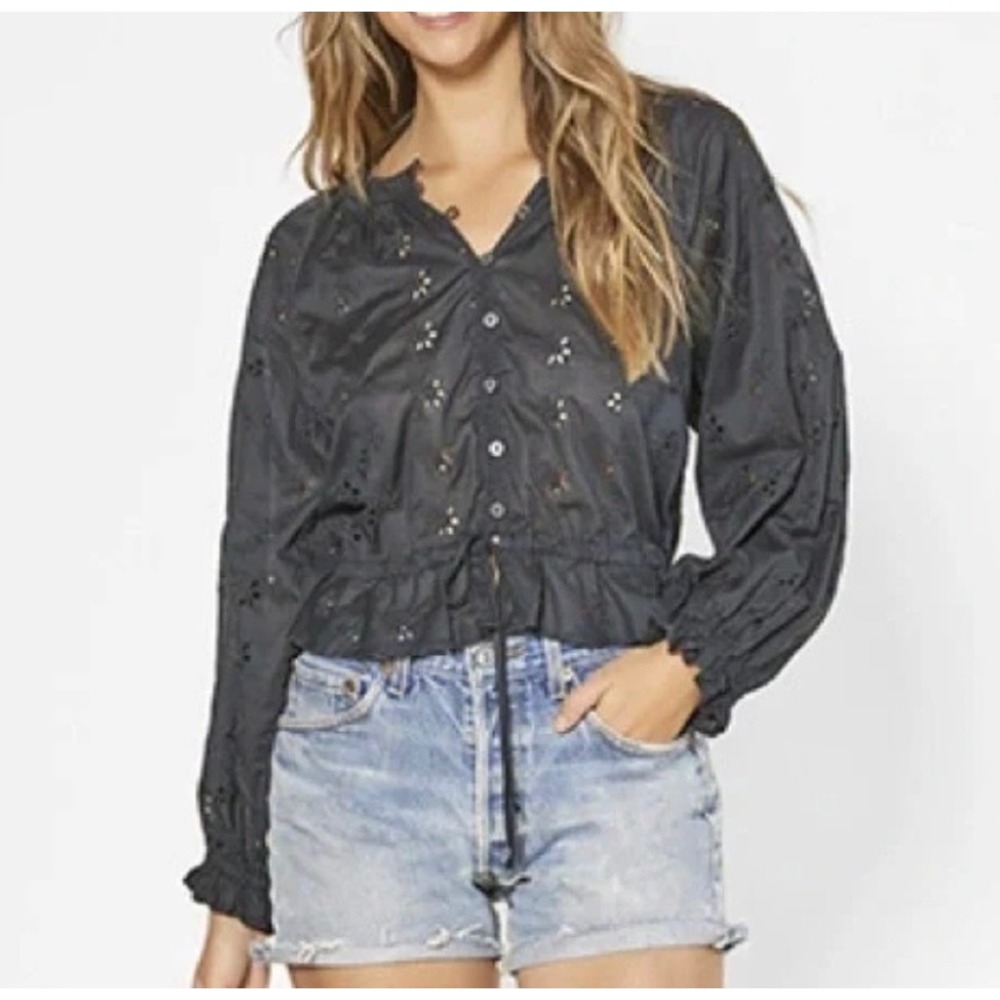 Outerknown Poet Blouse Organic Cotton Eyelet Lace Button Front Top Black NWT XS